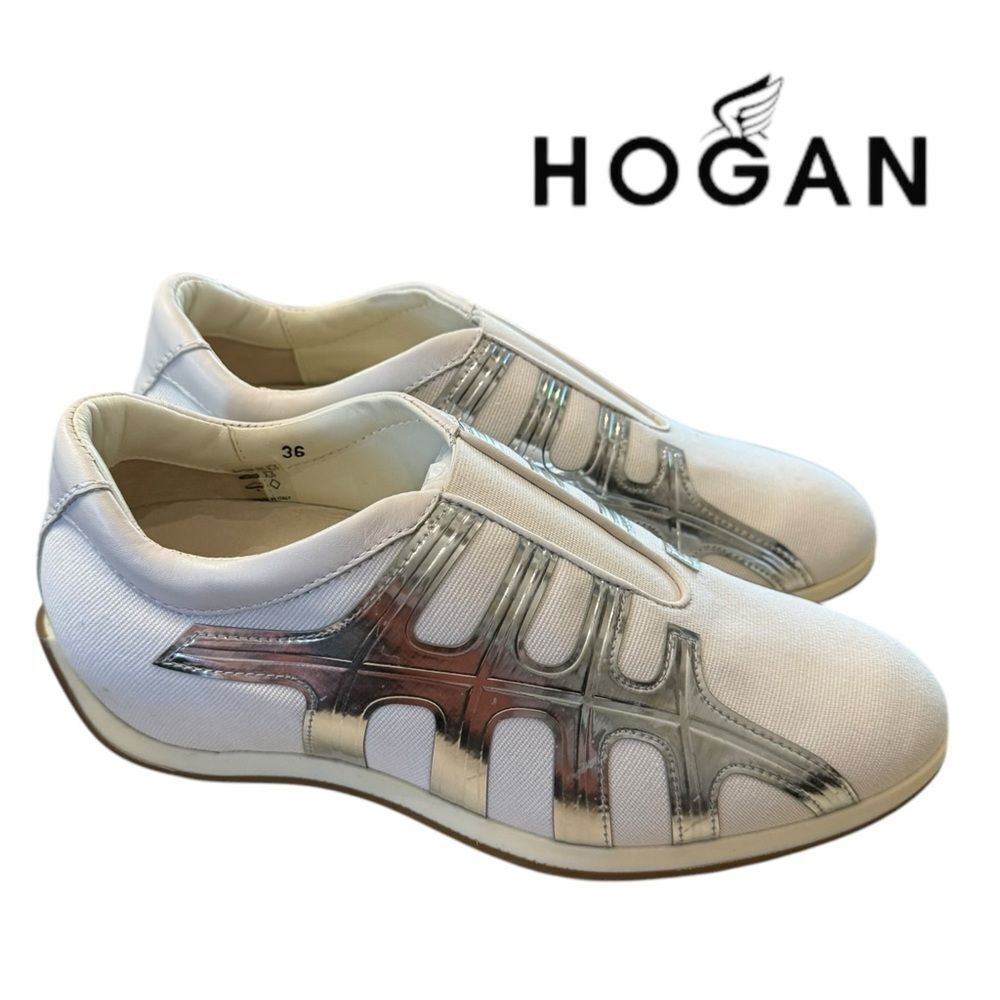 NEW HOGAN Women's Italy Side Web Pull On Canvas Leather White Sneakers 36 6